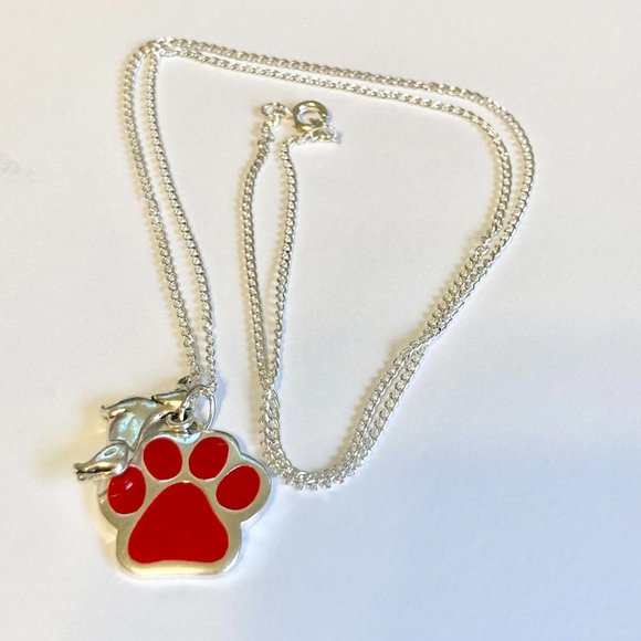 Dachshund Dog Paw Print Necklace Doxie 24" Chain Silver Plated Red Enamel - Picture 6 of 10
